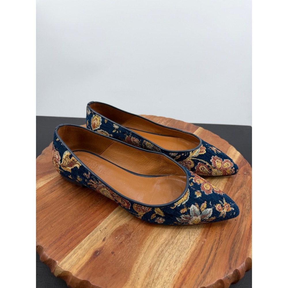 Sundance Floral Tapestry Pointed Toe Flats Women Size 37 6.5 Navy Woven Spain
